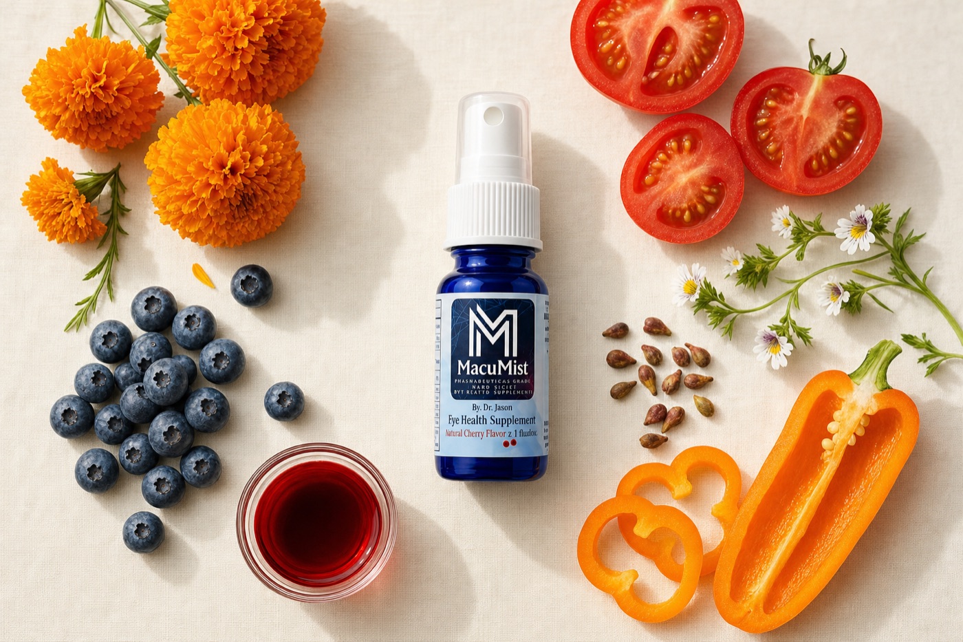 MacuMist bottle surrounded by marigold flowers, bilberries, tomatoes, eyebright, grape seeds, orange pepper and astaxanthin oil