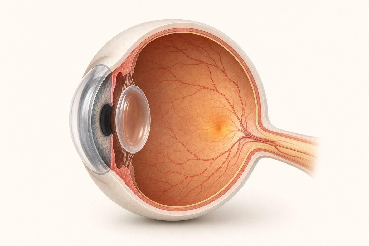 Cross-section of the human eye showing the cornea, lens, retina, macula, blood vessels and optic nerve