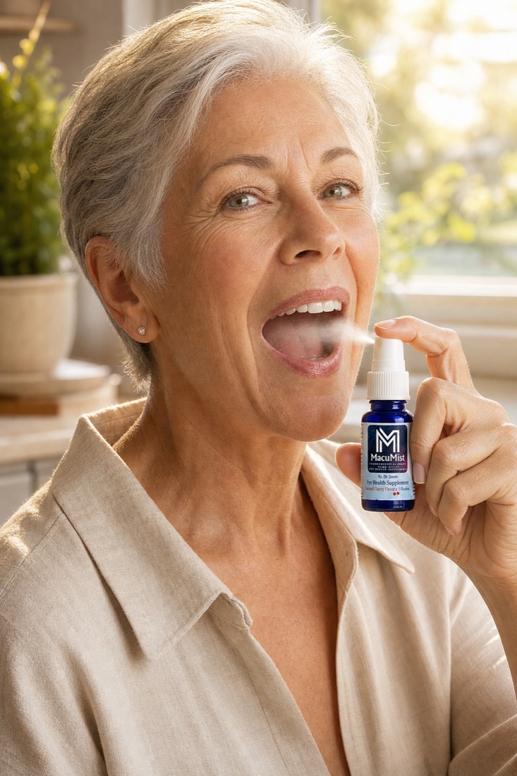 A woman in her late 60s spraying MacuMist into her mouth