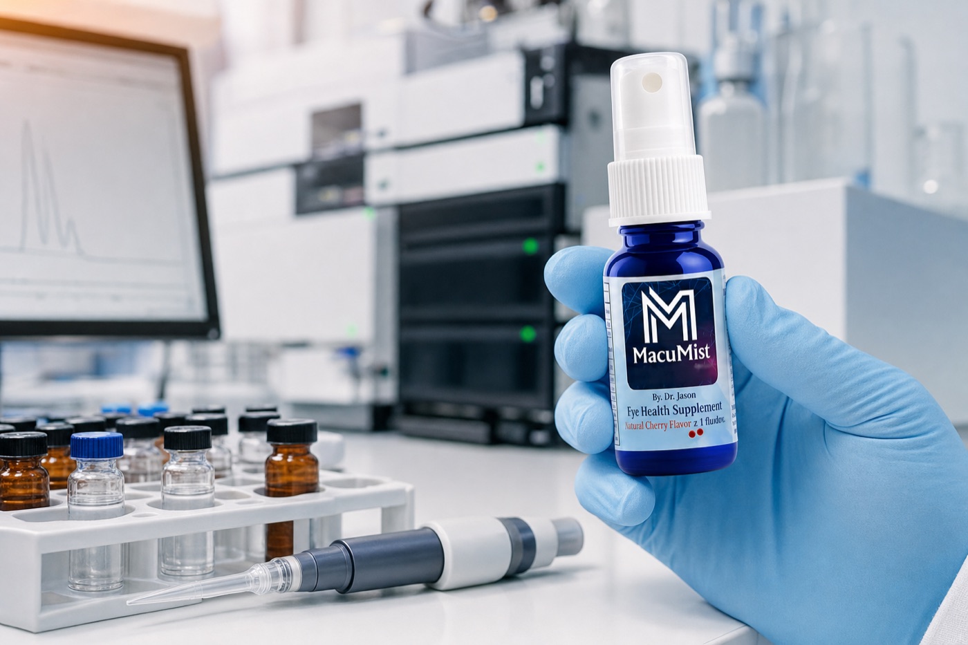 A lab technician in blue gloves holding a MacuMist bottle beside sample vials and testing equipment